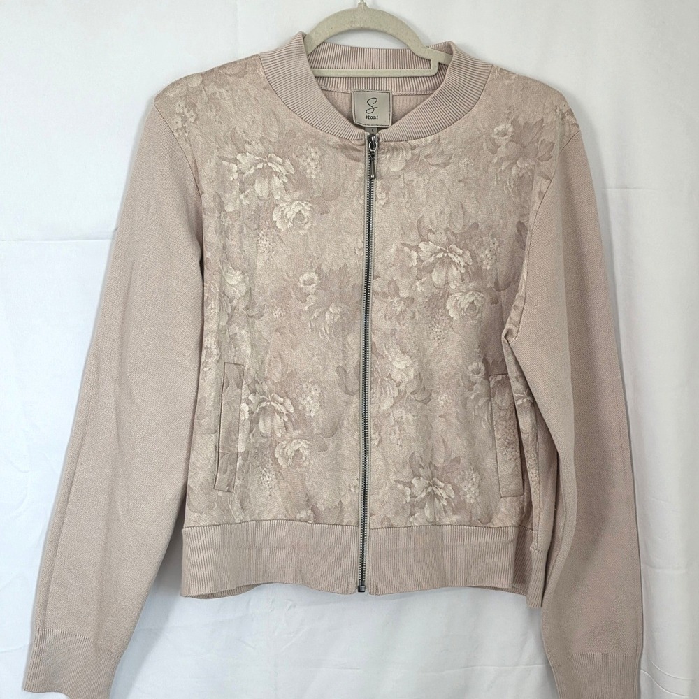 Sioni Floral Jacquard Zip Front Bomber Sweater Jacket Size L Stretch Knit Preppy
